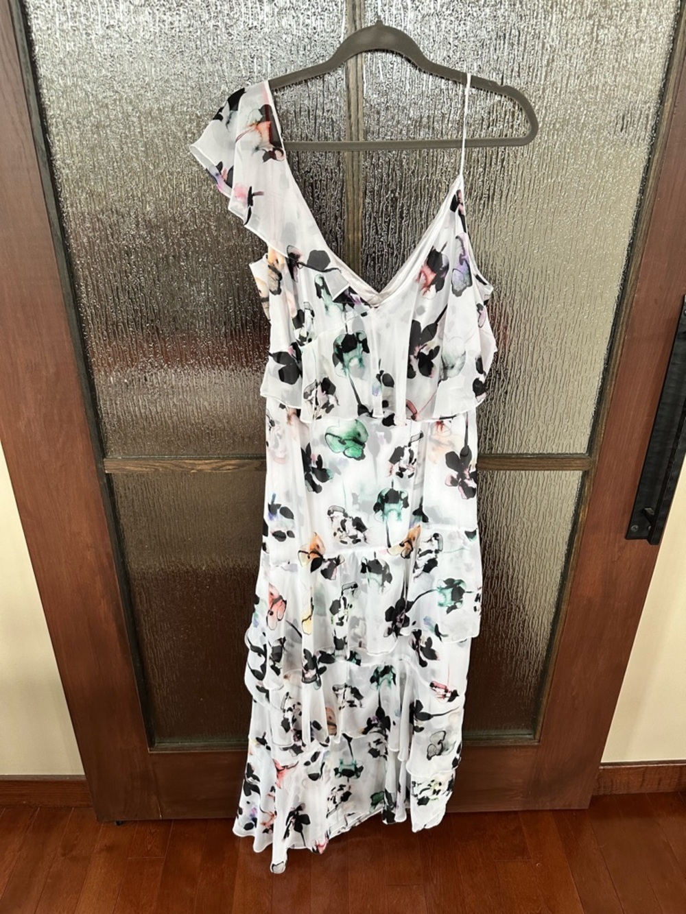 ML Monique Lhuillier Asymetrical Ruffle Gardenia Floral Dress size 16 - Picture 4 of 9